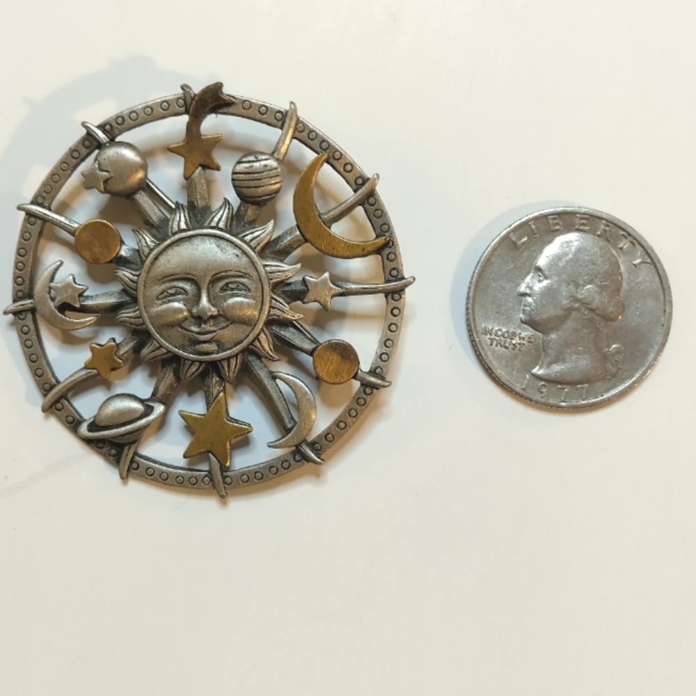 Vintage JJ Jonette Signed Pewter Celestial Sun Moon Star Planet Brooch Pin - Picture 3 of 5